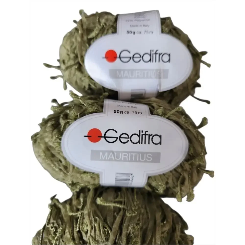 Gedifra Mauritius Yarn Lot Olive Green Ribbon Fringe 2 Skeins + Partial